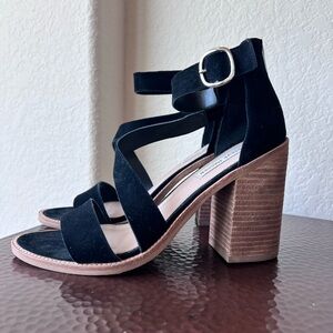 Steve Madden Collins Strappy Black Suede Leather Block Heeled Sandals | Size 10